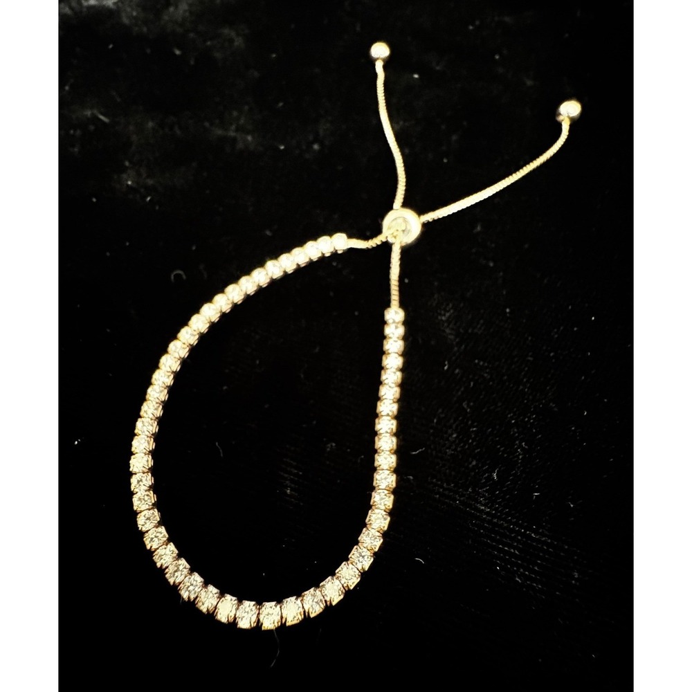 Rose Gold Tone Bolo Bracelet Round Crystal Tennis Style Adjustable Box Chain